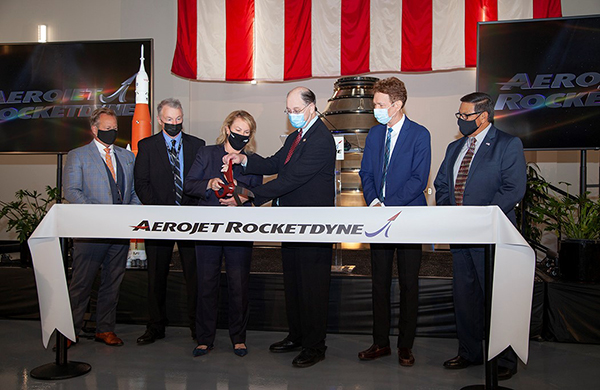 Aerojet Rocketdyne cuts the ribbon on an extension to the company’s Los Angeles rocket production facility that will support NASA’s Space Launch System rocket and Artemis program. Pictured left to right: Jim Maser, Sr. Vice President of Space at Aerojet Rocketdyne; Johnny Heflin, Manager of NASA’s Space Launch System Liquid Engines Office; Eileen P. Drake, Aerojet Rocketdyne CEO and President; Congressman Brad Sherman (D-CA); Dr. Paul McConnaughey, Senior Advisor, NASA Human Exploration and Operations Mission Directorate; Fernando Vivero, Aerojet Rocketdyne Los Angeles Site Lead.