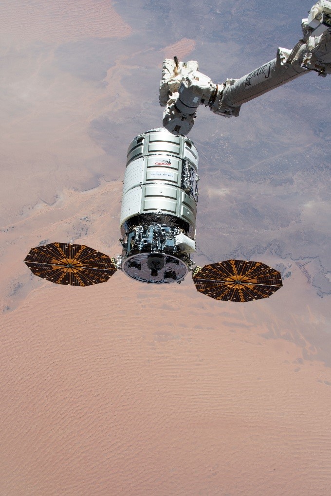 32 Aerojet Rocketdyne monopropellant thrusters assist Northrop Grumman’s Cygnus Spacecraft with berthing to the International Space Station during resupply missions. Photo credit: NASA