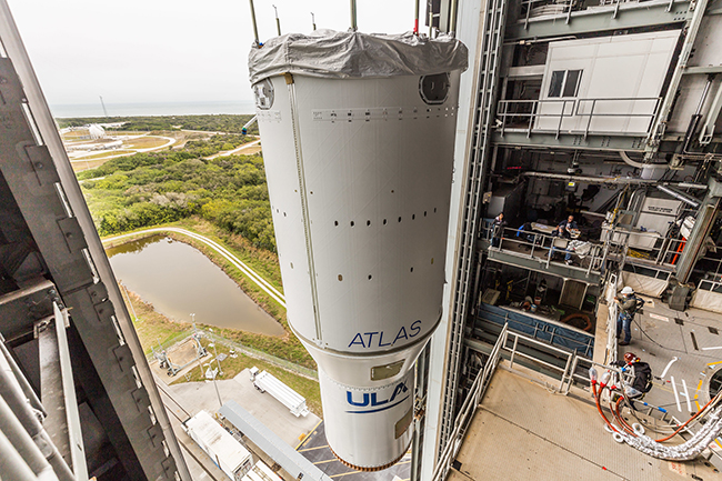 United Launch Alliance (ULA) hoists its Centaur upper stage atop the Atlas V rocket that will launch NOAA's GOES-T mission for NASA's Launch Services Program (LSP). Photo credit: United Launch Alliance.