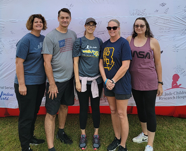 From left to right: Aerojet Rocketdyne team members Don B. (and wife Kathy B. on immediate left), Autumn L., Sandy S. and Christi H. participate in the St. Jude’s Walk/Run to support “Team Adam”