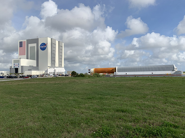 The first core stage for NASA’s Space Launch System rocket is unloaded from the Pegasus barge at NASA’s Kennedy Space Center in Florida on April 29, 2021