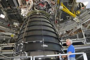 RS-25 development engine 0525 in the A-1 test stand at NASA's Stennis Space Center in Mississippi (August 2015).